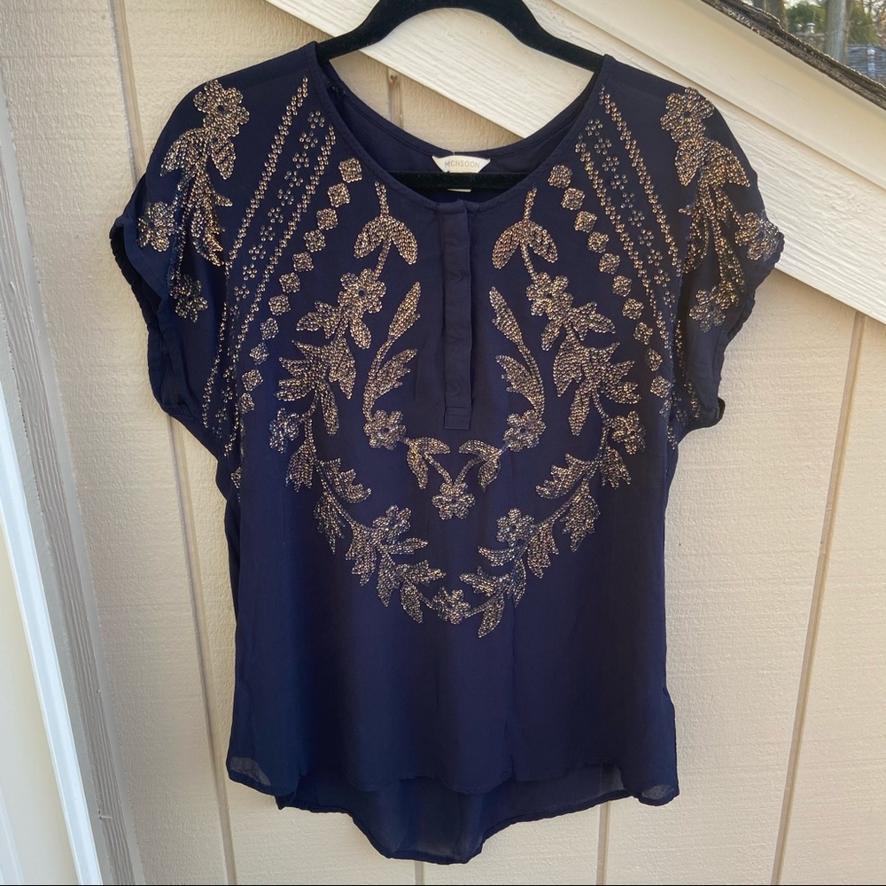 NWT MONSOON Navy Blouse with Gold Sequins